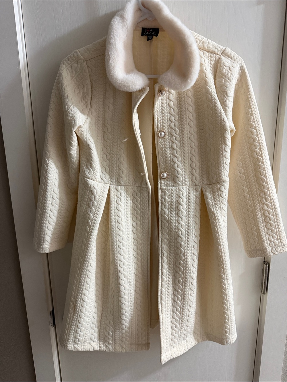 lilt Cream Girls Textured Coat with Faux Fur Collar